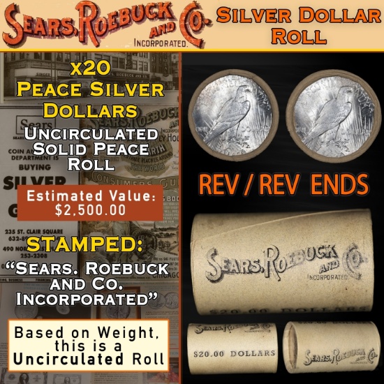 EO- 20 Coin SEARS Peace Silver $1 Roll Uncirculated Mystery 'P' Rev/'P' Rev Ends