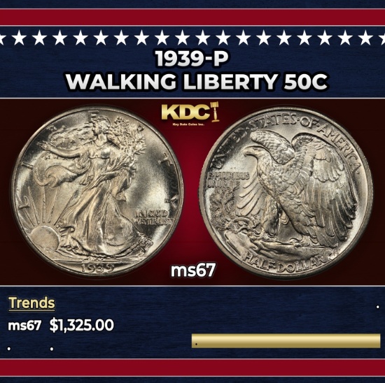 1939-p Walking Liberty Half Dollar 50c ms67 SEGS