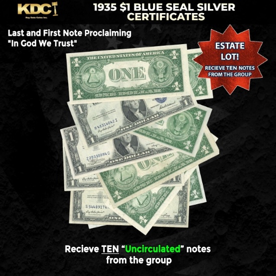 10x 1935 $1 Blue Seal Silver Certificates Grades CU