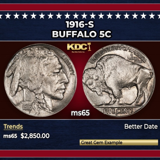 1916-s Buffalo Nickel 5c ms65 SEGS