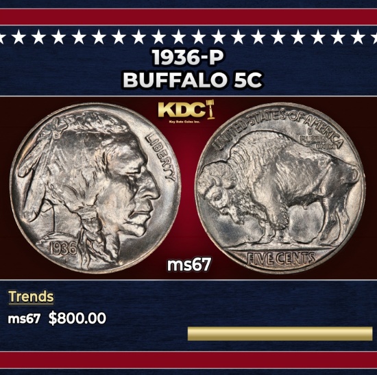 1936-p Buffalo Nickel 5c ms67 SEGS
