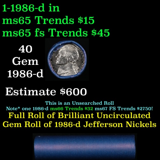 BU Shotgun Jefferson 5c roll, 1986-d 40 pcs Bank $2 Nickel Wrapper