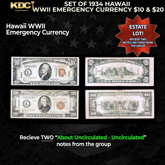 Set of 1934/1935 Hawaii WWII Emergency Currency $1 & KEY $5 Grades AU/CU