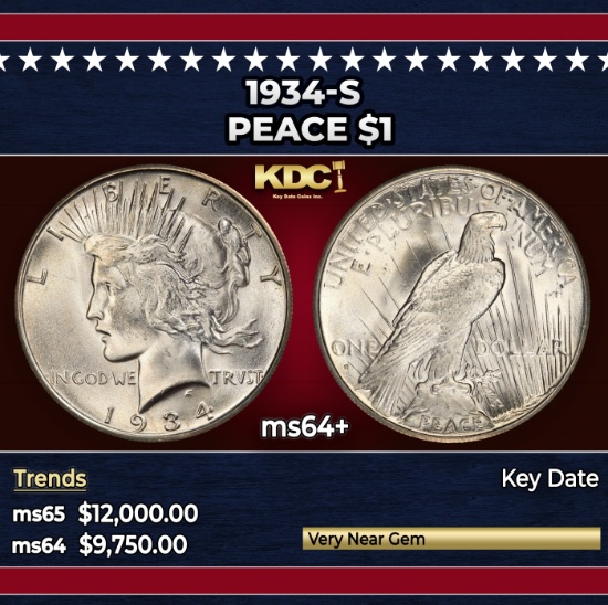 1934-s Peace Dollar $1 ms64+ USCG
