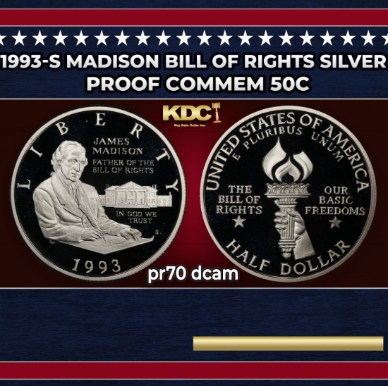 1993-s Madison Proof Modern Commem Half Dollar Bill Of Rights Silver 50c pr70 dcam SEGS