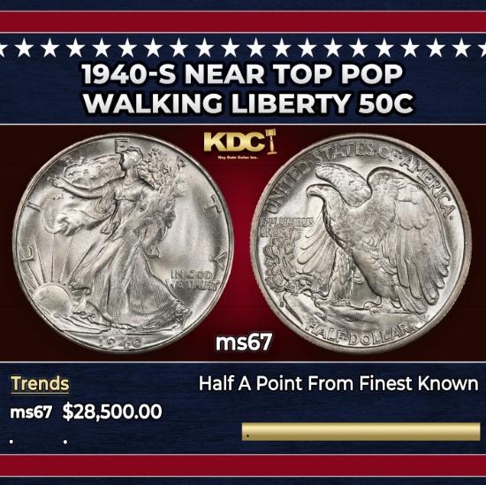 1940-s Walking Liberty Half Dollar Near Top Pop 50c ms67 SEGS