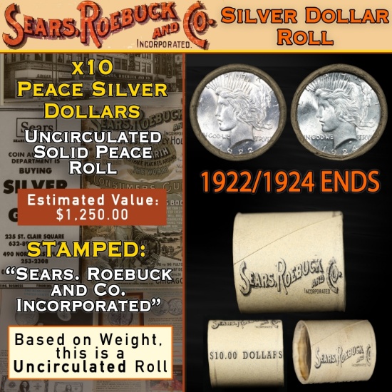 CE- 10 Coin Silver Dollar $1 Roll Peace UNC From SEARS 1924/1922 Ends
