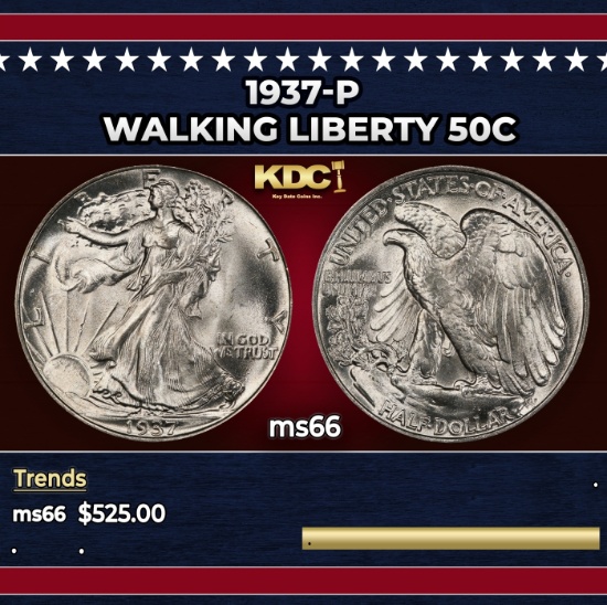 1937-p Walking Liberty Half Dollar 50c Grades ms66