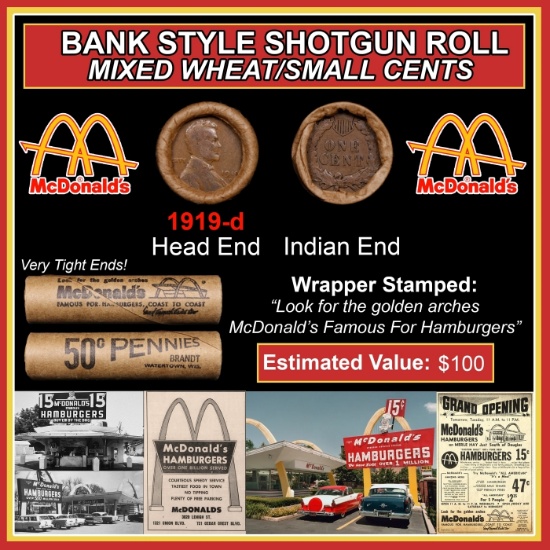 Lincoln Wheat Cent 1c Mixed Roll Orig Brandt McDonalds Wrapper, 1919-d end, Indian other end