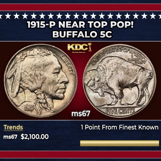 1915-p Buffalo Nickel Near Top Pop! 5c ms67 SEGS