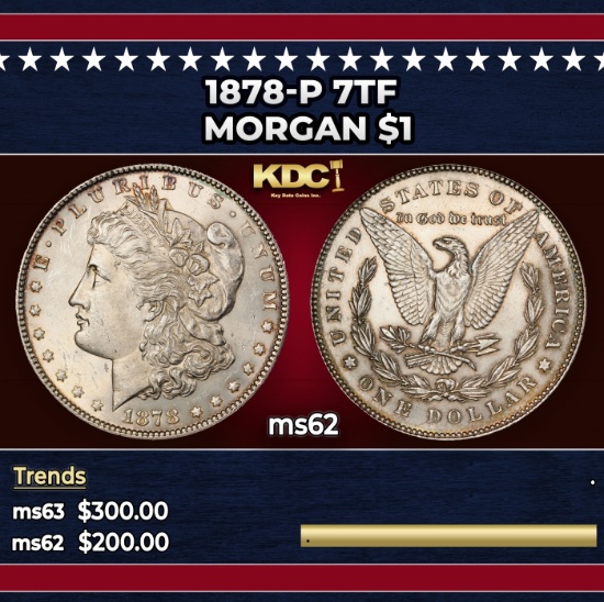 1878-p 7tf Morgan Dollar $1 Grades ms62