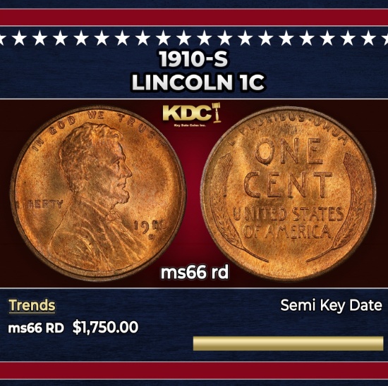 1910-s Lincoln Cent 1c ms66 rd SEGS