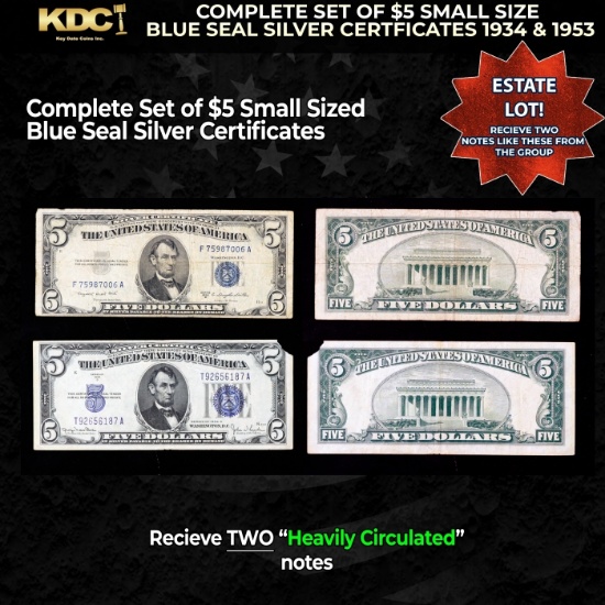 Complete Set of $5 Small Size Blue Seal Silver Certficates 1934 & 1953 Heavily Circulated