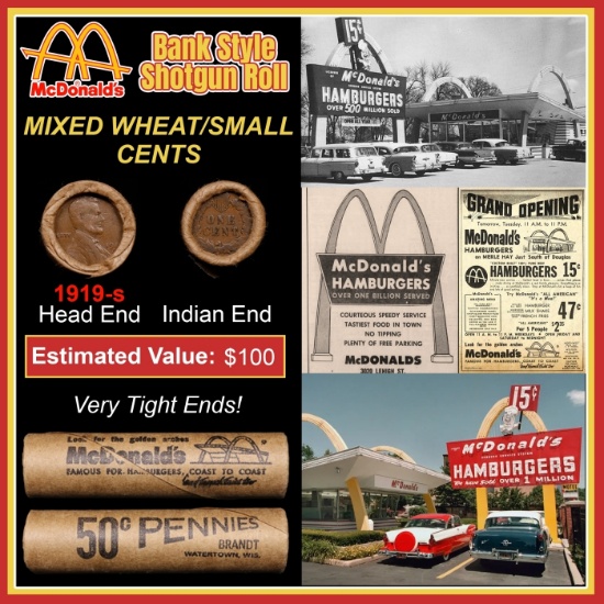 Lincoln Wheat Cent 1c Mixed Roll Orig Brandt McDonalds Wrapper, 1919-s end, Indian other end