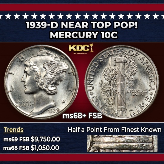 1939-d Mercury Dime Near Top Pop! 10c ms68+ FSB SEGS
