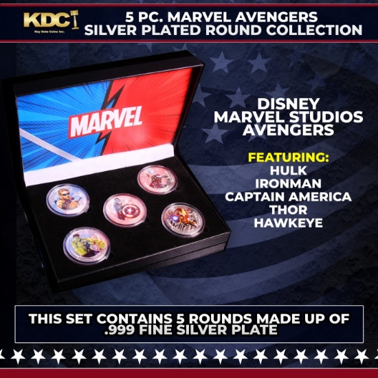 5 Coin Silver Plated Marvel Avengers Superhero Set Includes Hulk, Iron Man, Hawkeye, Thor, & Captain