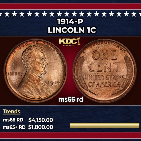 1914-p Lincoln Cent 1c ms66 rd SEGS