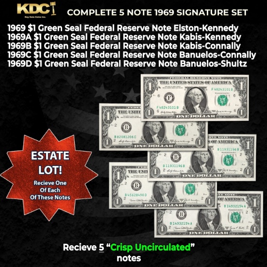 Complete 1969 $1 Green Seal Federal Reserve Note Signature Set 1969, 1969A, 1969B, 1969C, 1969D 5Not