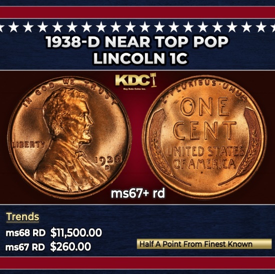 1938-d Lincoln Cent Near Top Pop 1c ms67+ rd SEGS