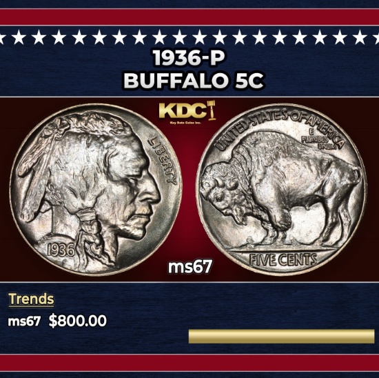 1936-p Buffalo Nickel 5c ms67 SEGS