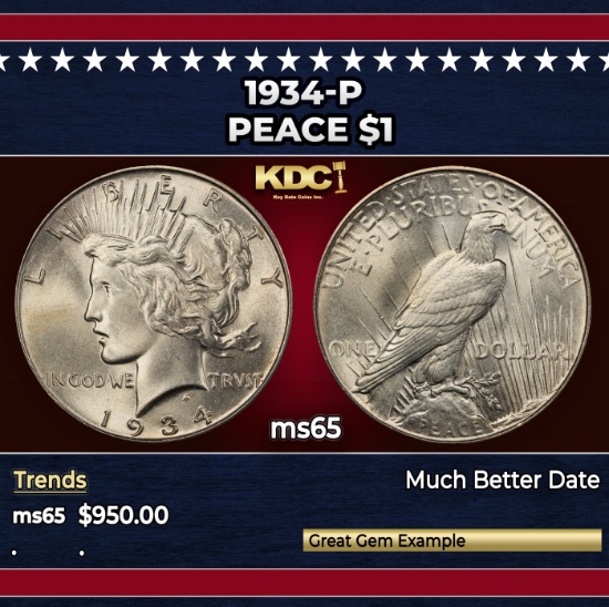 1934-p Peace Dollar $1 Grades ms65