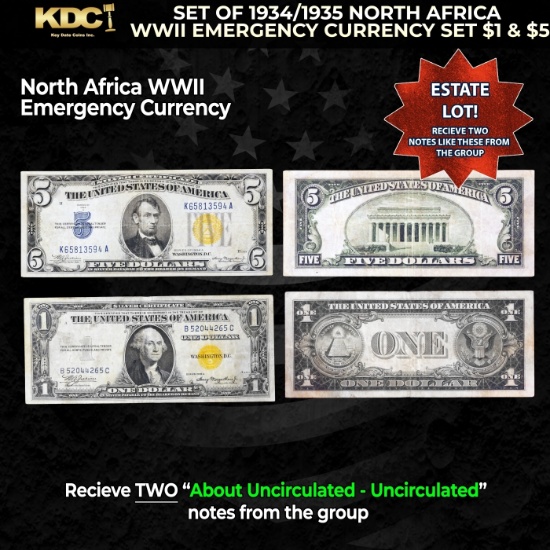 Set of 1934/1935 North Africa WWII Emergency Currency Set $1 & $5 Grades AU/CU