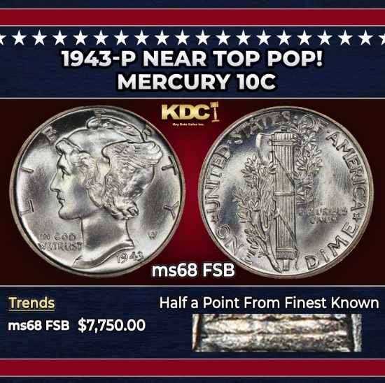 1943-p Mercury Dime Near Top Pop! 10c ms68 FSB SEGS
