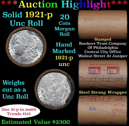 Full solid date 1921-p Uncirculated Morgan silver dollar roll, 20 coins