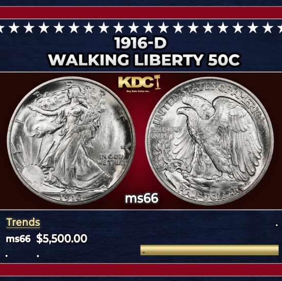 1916-d Walking Liberty Half Dollar 50c ms66 SEGS
