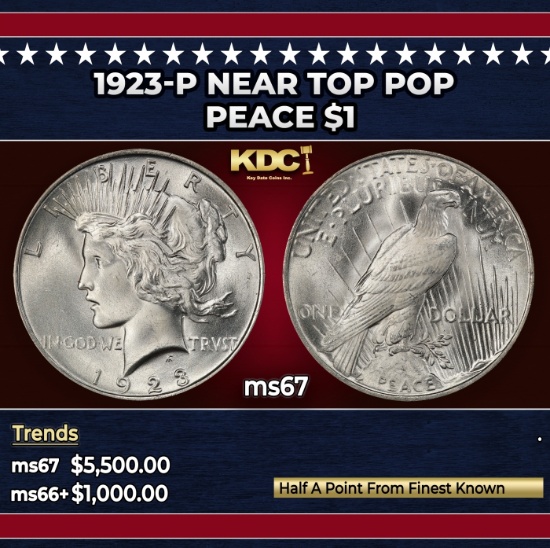 1923-p Peace Dollar Near Top Pop $1 ms67 SEGS