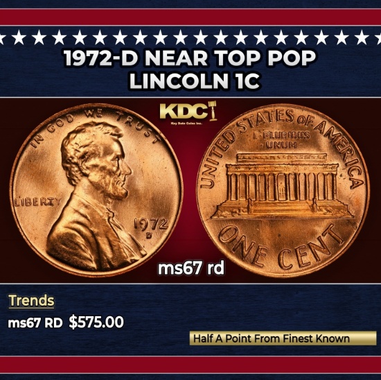1972-d Lincoln Cent Near Top Pop 1c ms67 rd SEGS