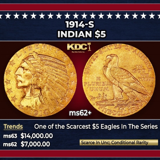 1914-s Gold Indian Half Eagle $5 ms62+ USCG