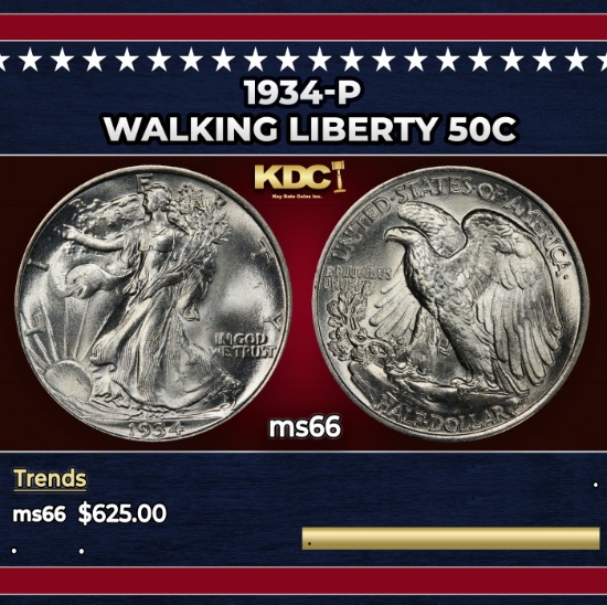 1934-p Walking Liberty Half Dollar 50c Grades ms66
