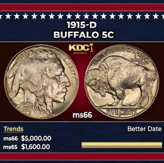 1915-d Buffalo Nickel 5c ms66 SEGS