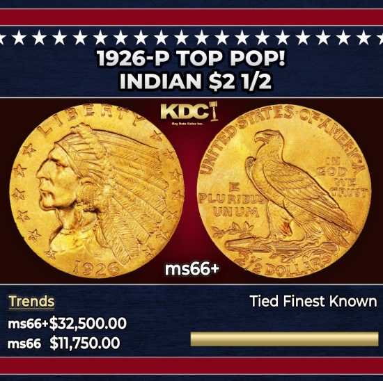 1926-p Gold Indian Quarter Eagle TOP POP! $2 1/2 ms66+ USCG