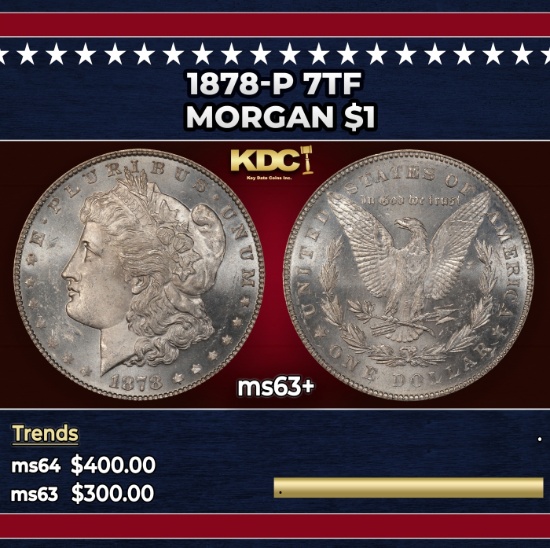 1878-p 7tf Morgan Dollar $1 Grades ms63+