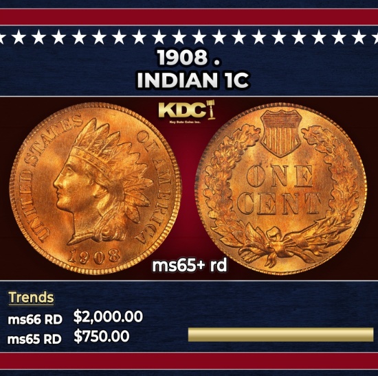1908 Indian Cent . 1c ms65+ rd SEGS
