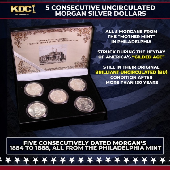 5x Coin Consecutive MORGAN Set 1884-1888-p ALL UNC, 5 Morgan Dollars From Philly
