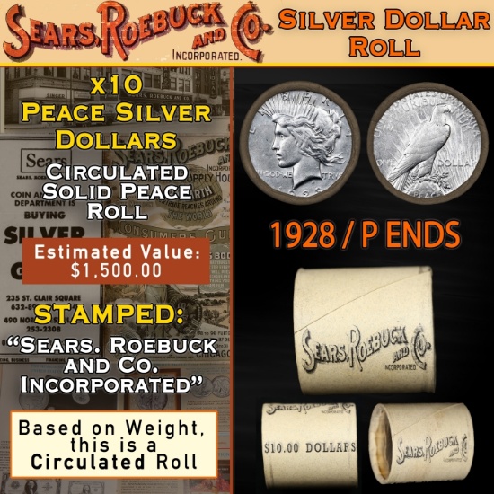 OI- SEARS Peace Silver Dollar $1 Roll 10 Coins Circulated 1928/'S' Rev Ends