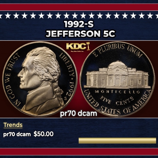 1992-s Proof Jefferson Nickel 5c pr70 dcam SEGS