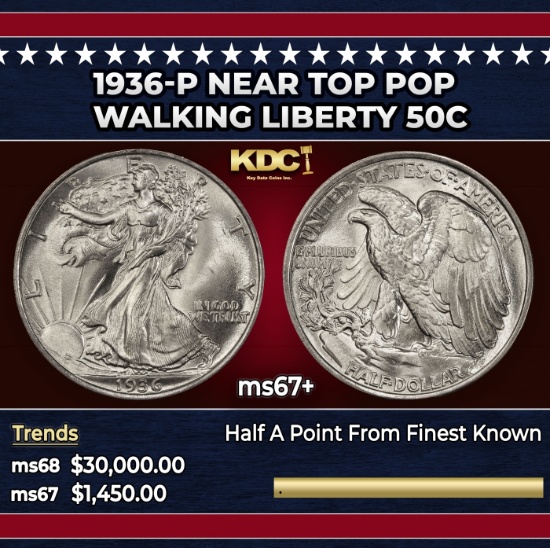 1936-p Walking Liberty Half Dollar Near Top Pop 50c ms67+ SEGS