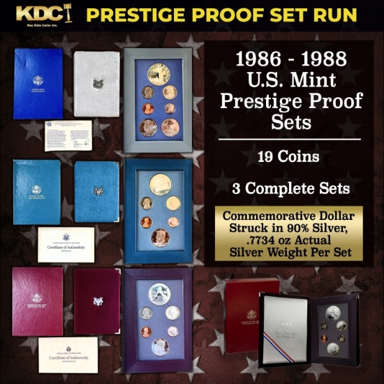 1986-1988 US Mint Prestige Proof Sets - 19 Coins, 3 Complete Sets