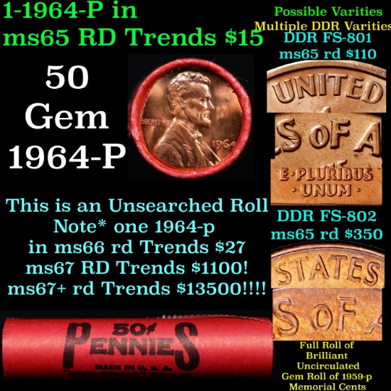 BU Shotgun Lincoln 1c roll, 1964-p 50 pcs Bank Wrapper 50c