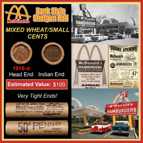 Lincoln Wheat Cent 1c Mixed Roll Orig Brandt McDonalds Wrapper, 1918-d end, Indian other end