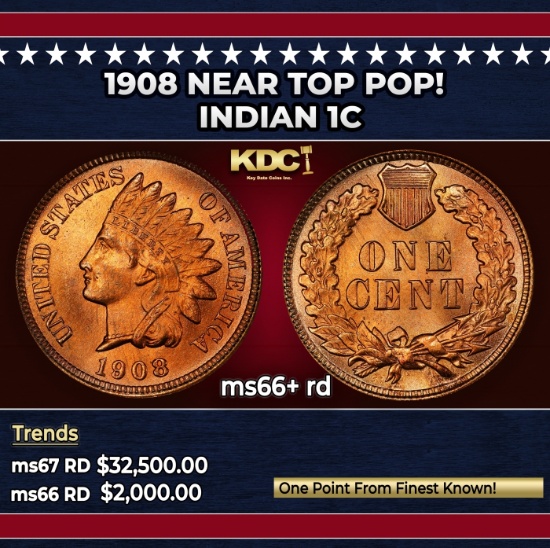 1908 Indian Cent Near Top Pop! 1c ms66+ rd SEGS