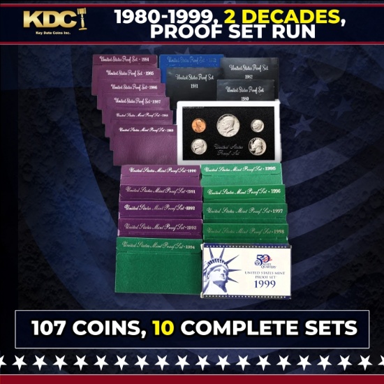 1980-1999 2 Decades Proof Set Run - 107 Coins, 10 Complete Sets