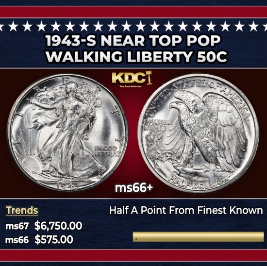 1943-s Walking Liberty Half Dollar Near Top Pop 50c ms66+ SEGS