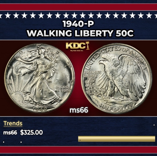 1940-p Walking Liberty Half Dollar 50c Grades ms66