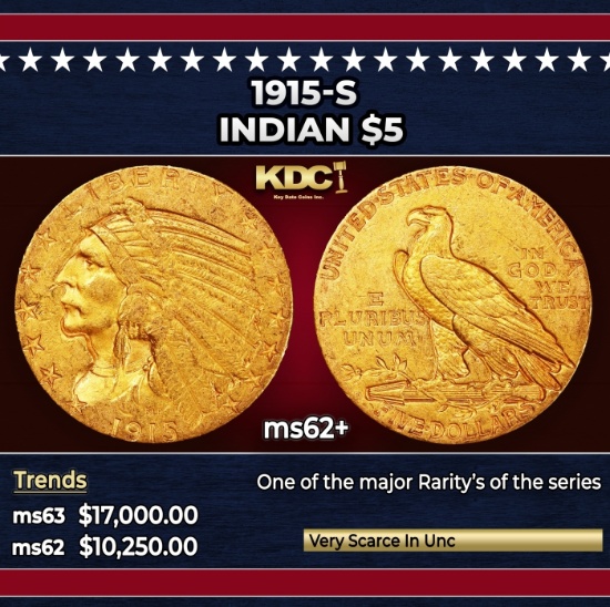 1915-s Gold Indian Half Eagle $5 ms62+ USCG