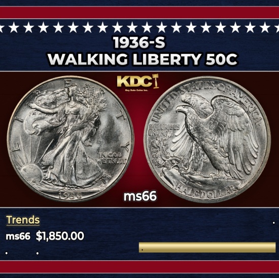 1936-s Walking Liberty Half Dollar 50c ms66 SEGS